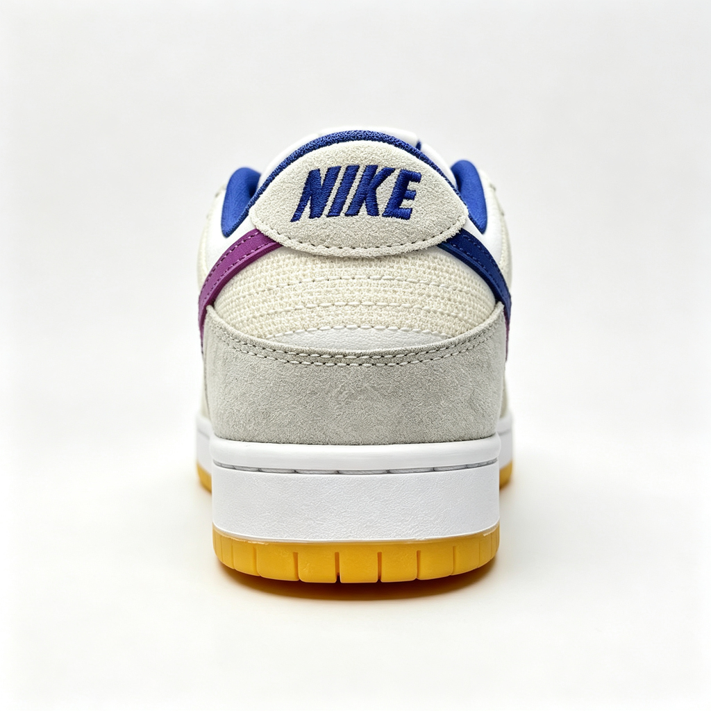 Nike Dunk Low – White/Beige Geometric Print with Purple Swoosh & Gum Sole