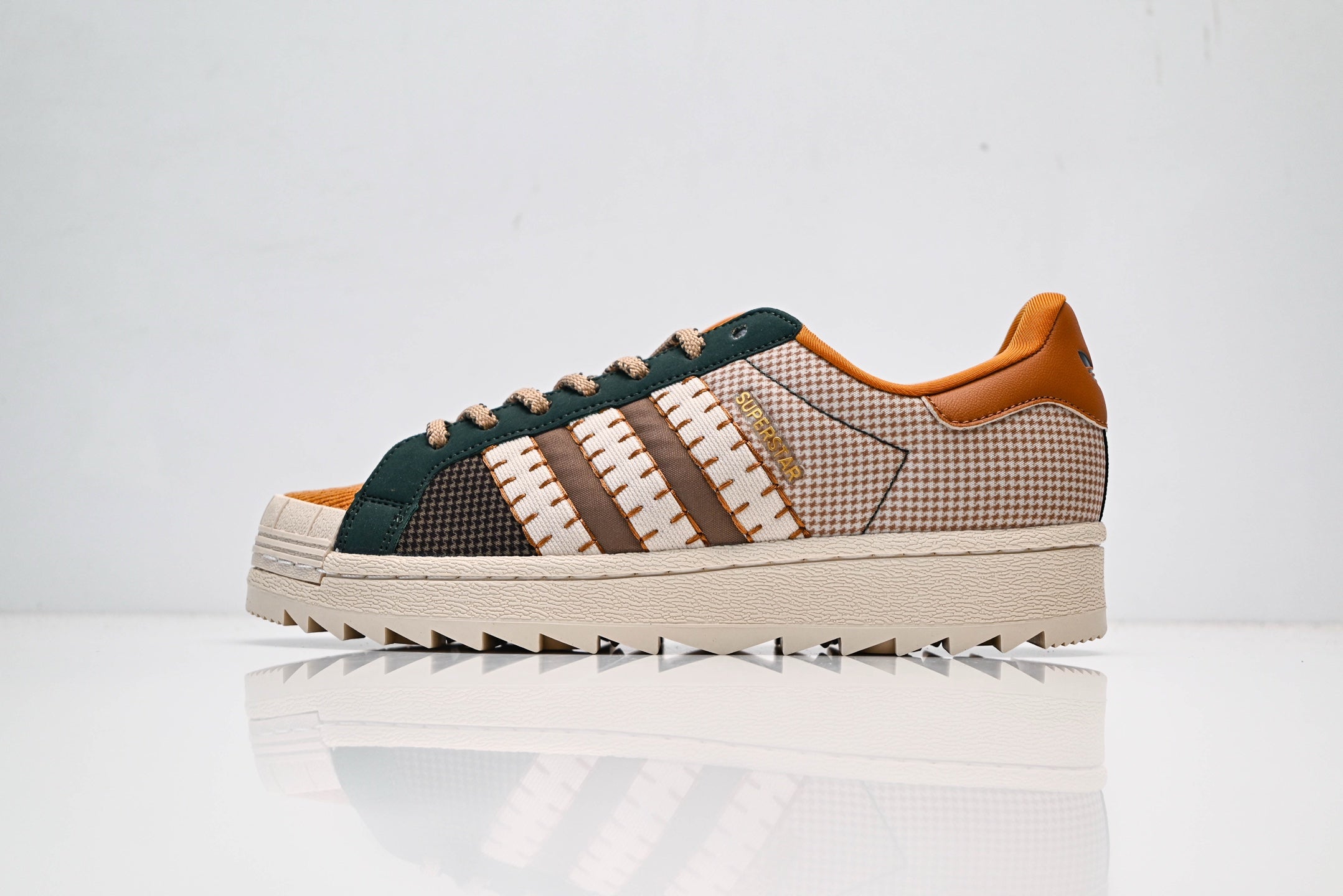 adidas Originals Superstar – Houndstooth Upper in Dark Green, Brown & Orange with Platform Sole