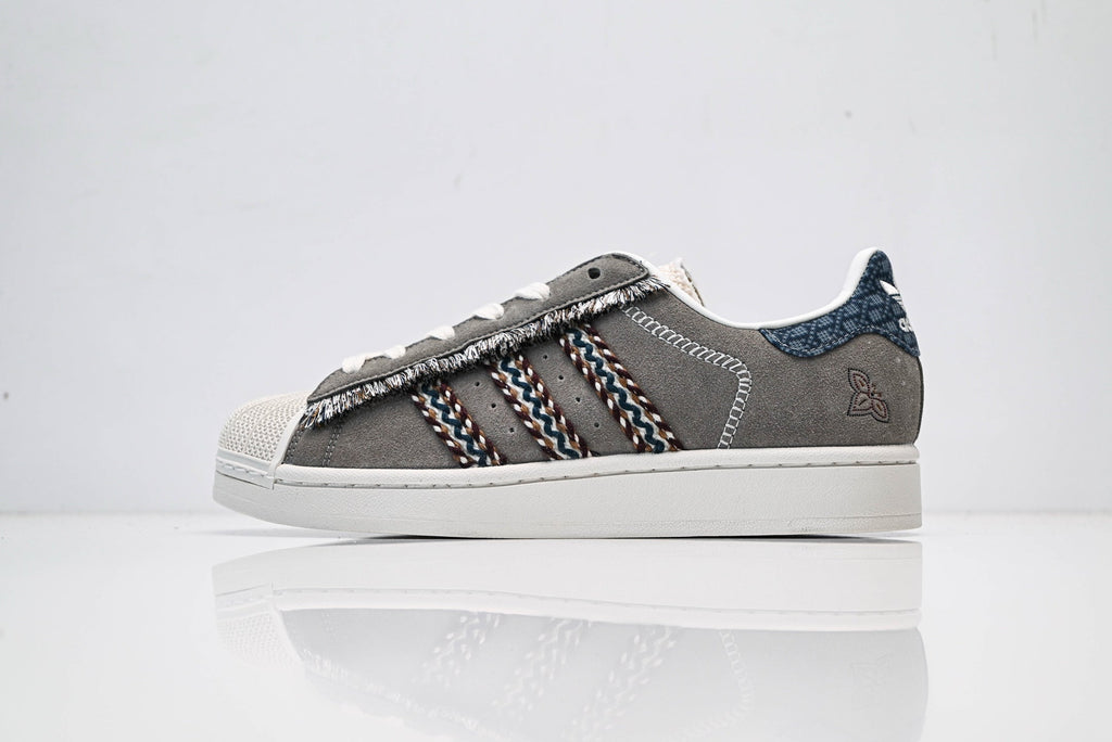 adidas Originals Superstar – Grey Suede with Multi-Color Webbing & White Shell Toe