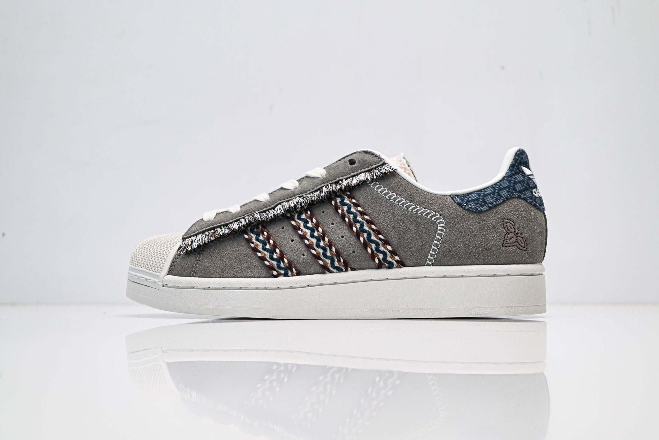 adidas Originals Superstar – Grey Suede with Multi-Color Webbing & White Shell Toe