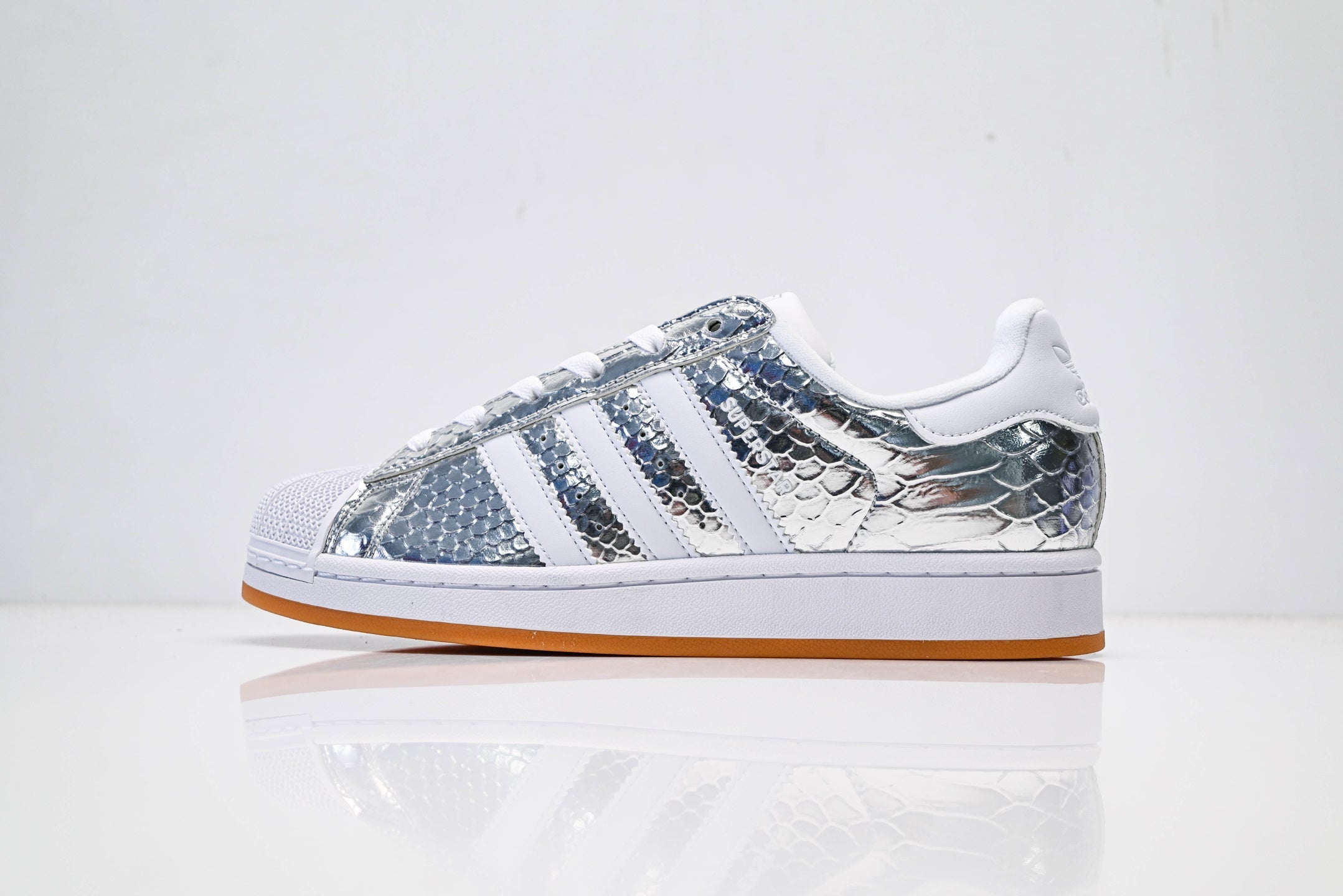 adidas Originals Superstar – Silver Snake-Embossed Upper with White 3-Stripes & Gum Shell Toe