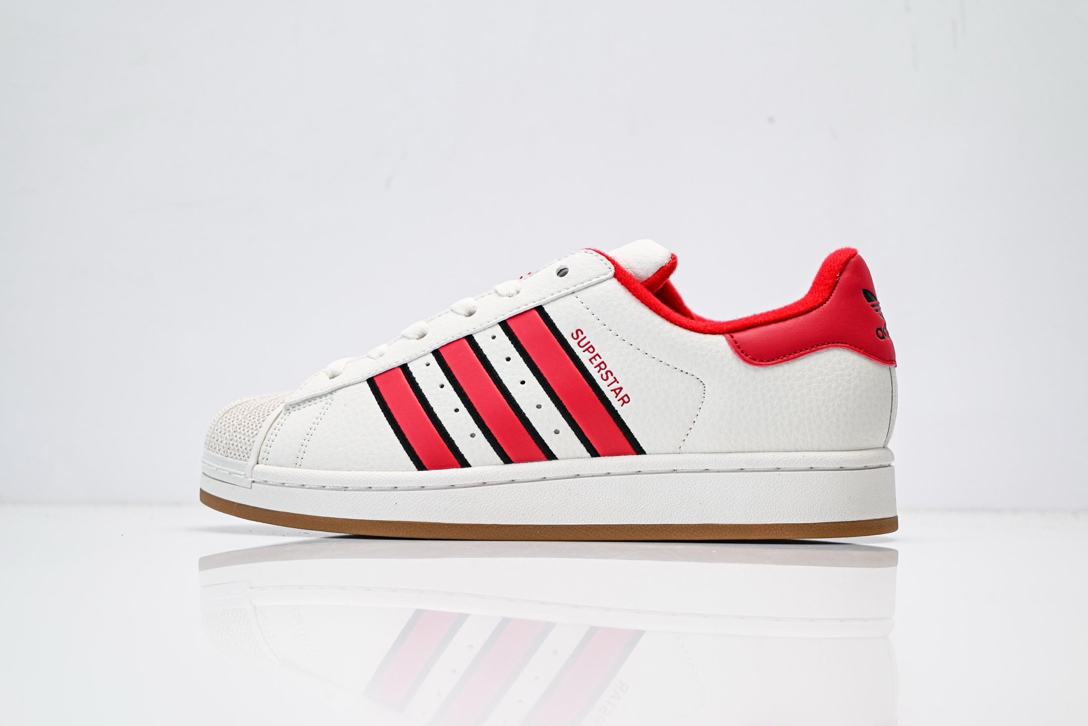 adidas Originals Superstar – White with Red 3-Stripes & Gum Brown Shell Toe