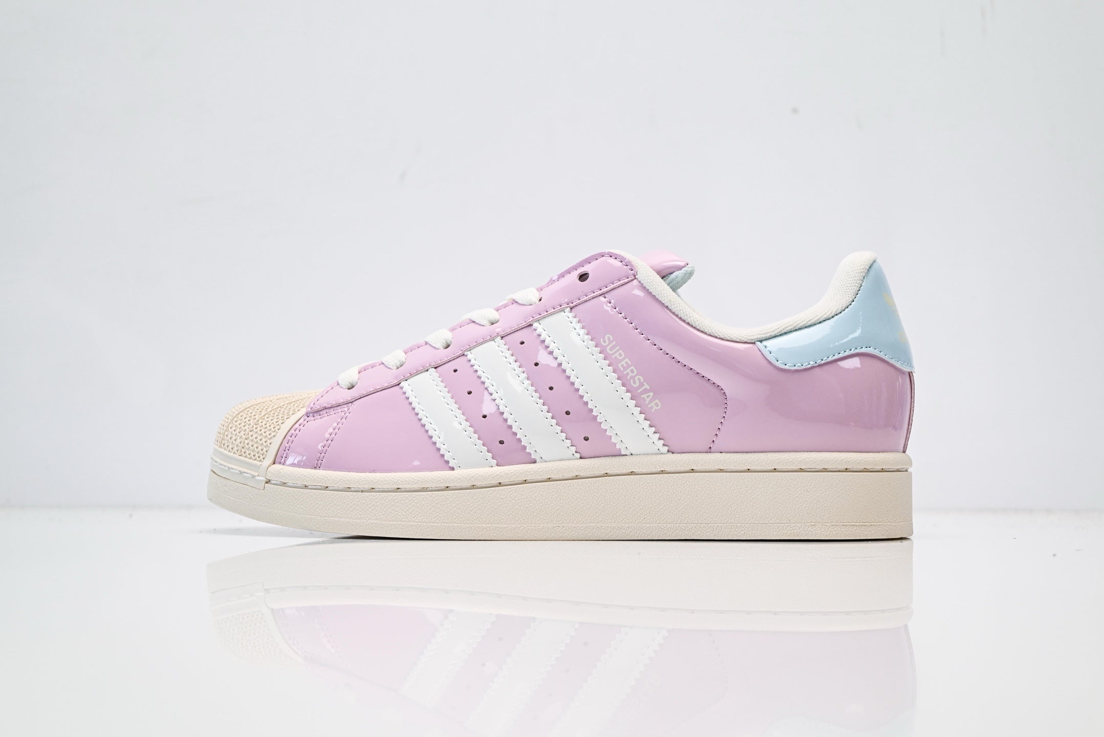 adidas Originals Superstar – Lilac Pink Patent & Baby Blue Heel with Off-White 3-Stripes Shell Toe