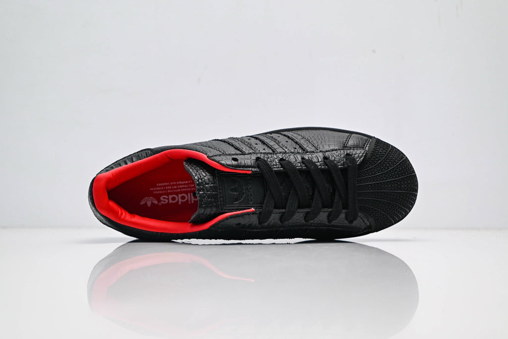 adidas Originals Superstar – Black Croc-Embossed Upper with Red Lining & White Shell Toe