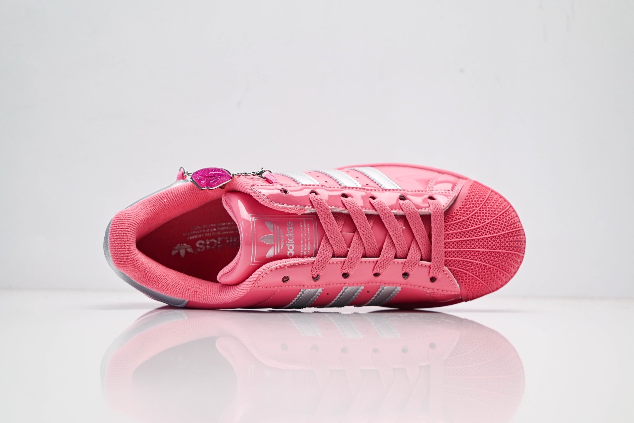 adidas Originals Superstar – Pink Patent Leather Upper with Silver Charm Detail & White Shell Toe