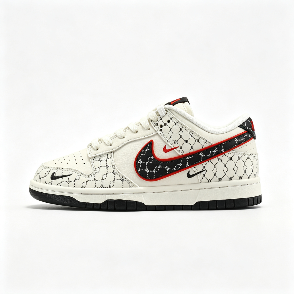 Nike Dunk Low Custom — Cream / Off-White / Black Monogram Print / Red Outline
