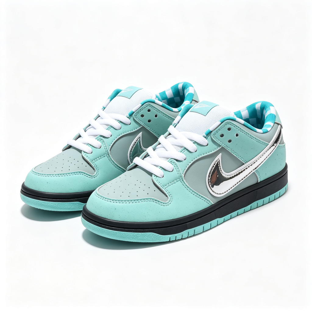 Nike Dunk Low Custom — Tiffany Mint / Silver / Double Swoosh / Black Midsole