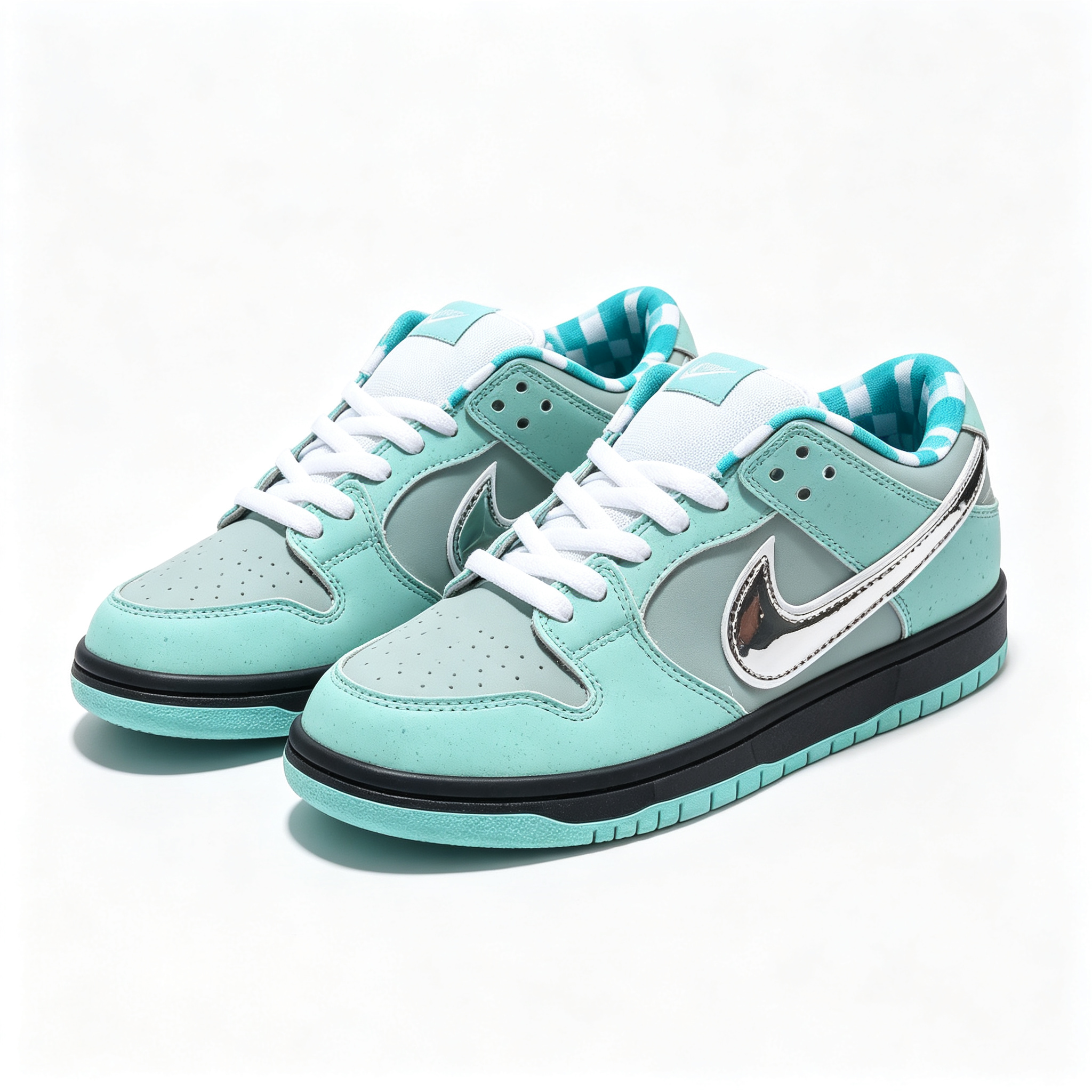 Nike Dunk Low Custom — Tiffany Mint / Silver / Double Swoosh / Black Midsole