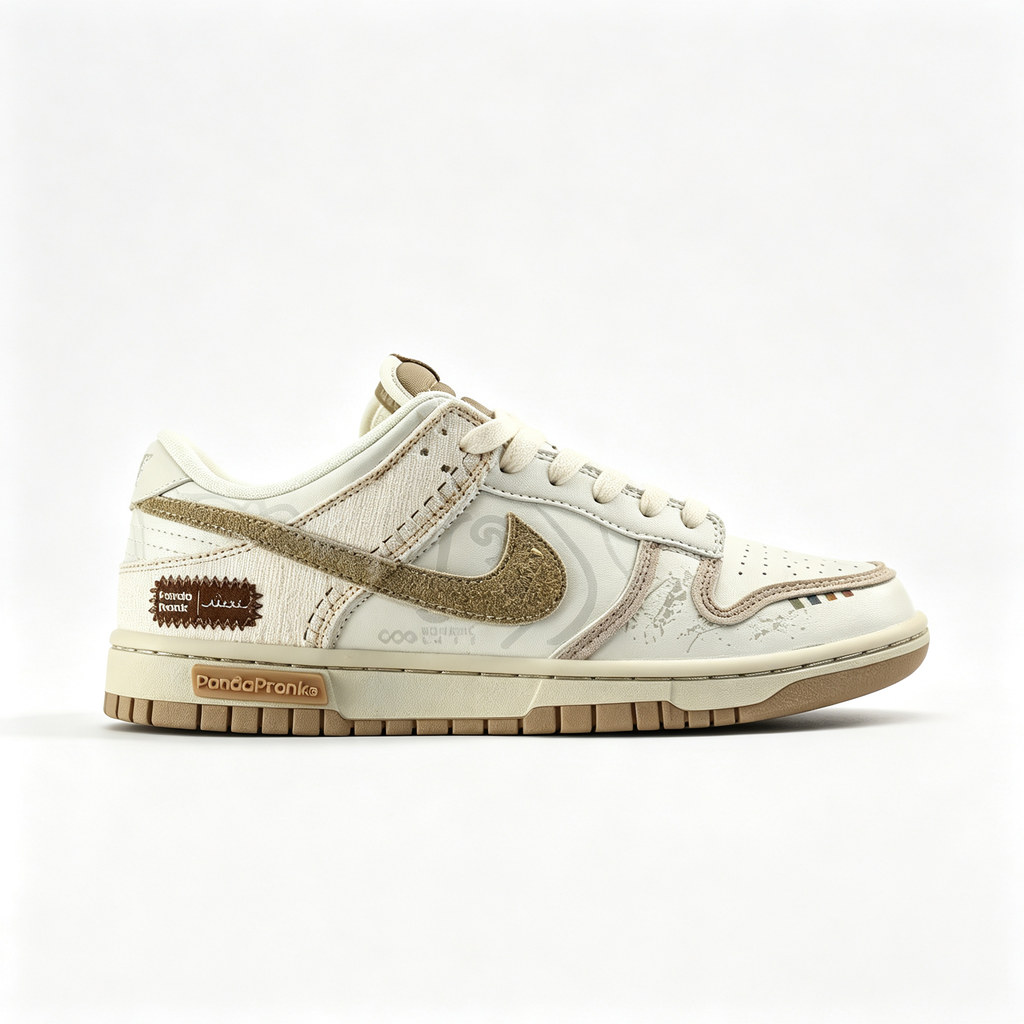 Nike Dunk Low Custom — Cream / Off-White / Beige Canvas / Metallic Gold Swoosh