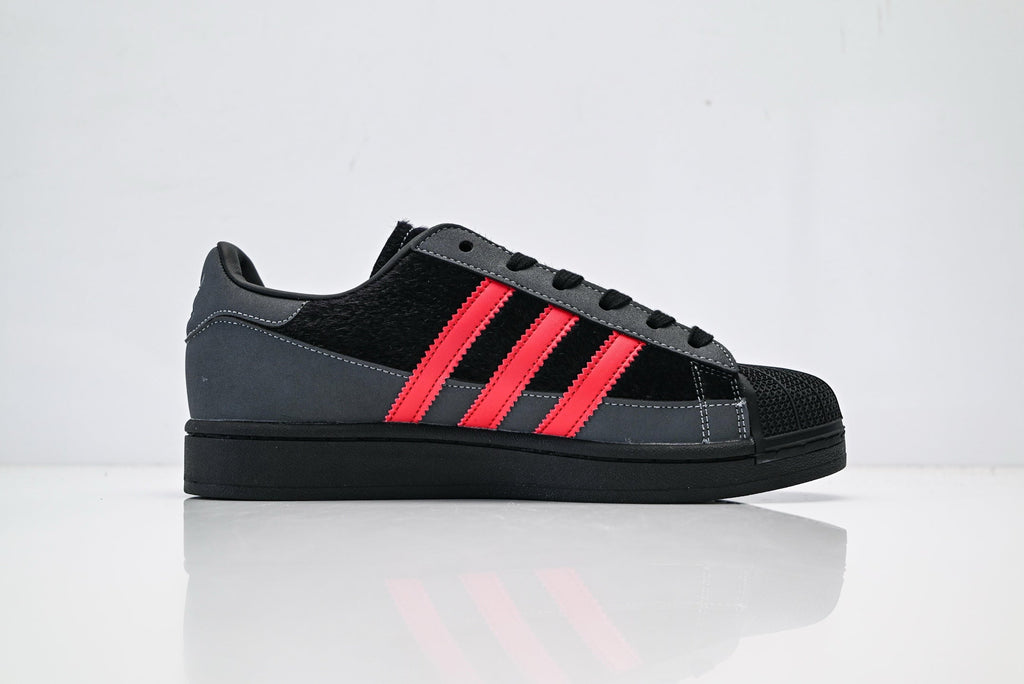 adidas Originals Superstar – Dark Gray & Black Faux Fur with Bright Red 3-Stripes Shell Toe