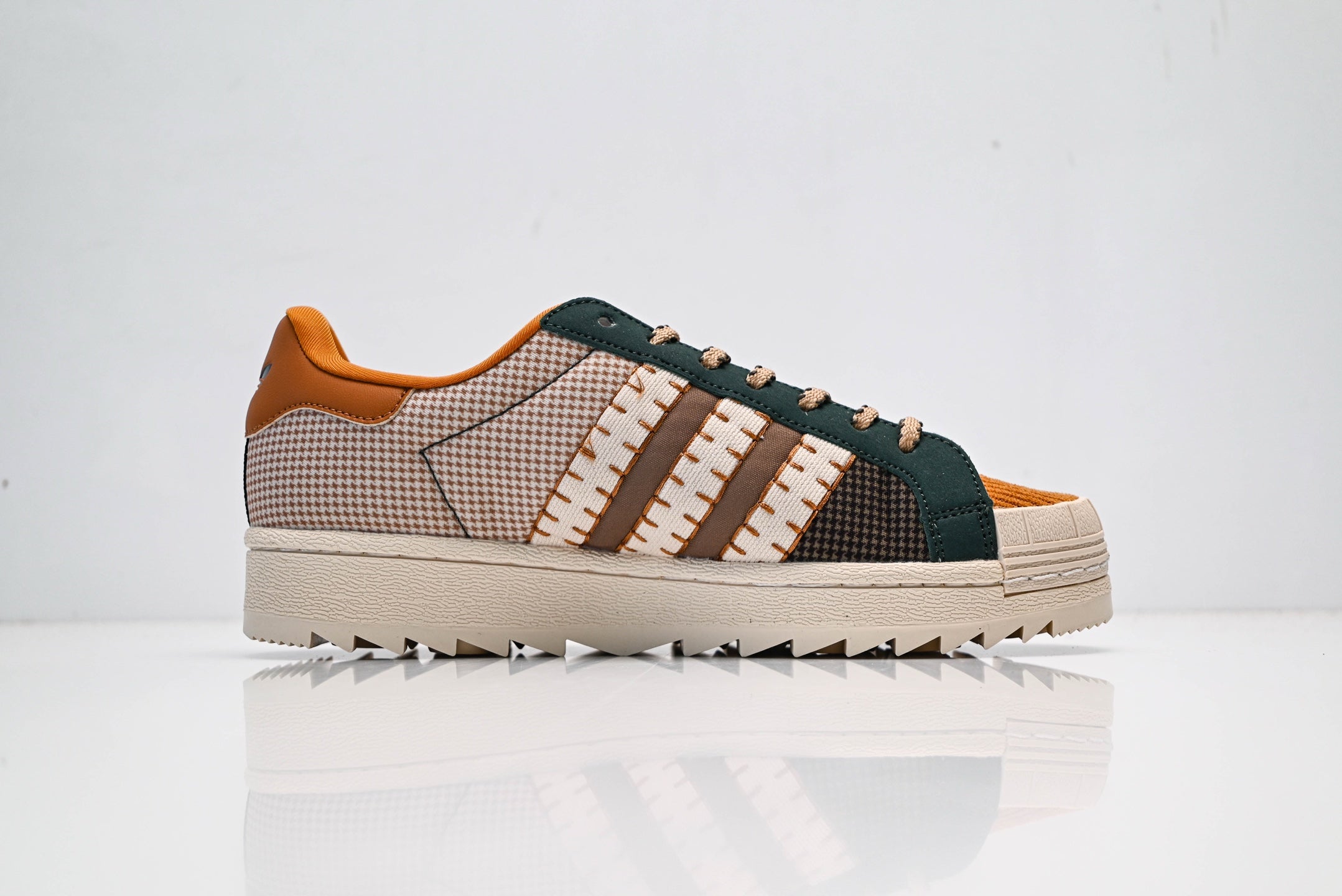 adidas Originals Superstar – Houndstooth Upper in Dark Green, Brown & Orange with Platform Sole