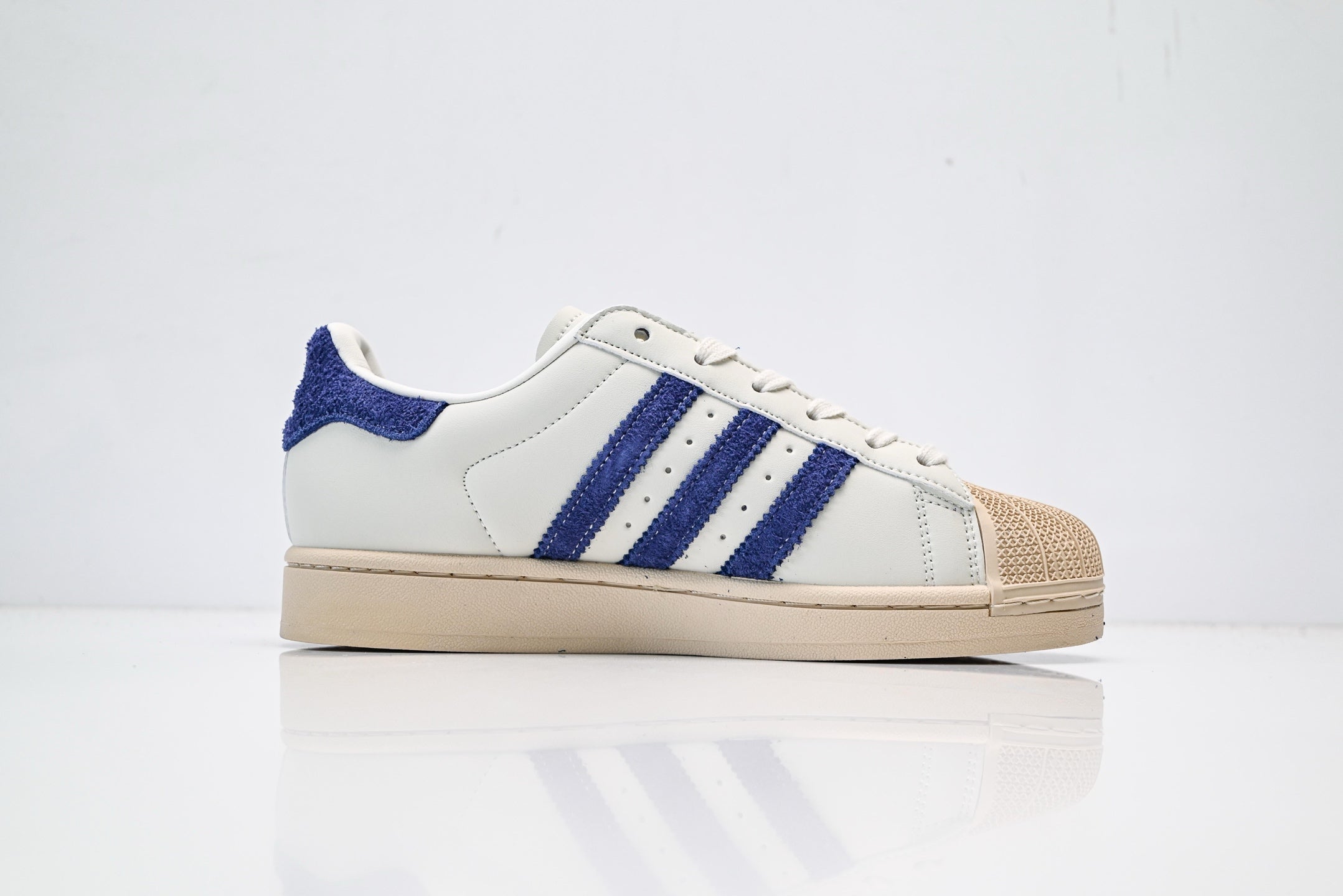 adidas Originals Superstar – Off-White Leather with Royal Blue Terry-Cloth 3-Stripes & Vintage Beige Shell Toe