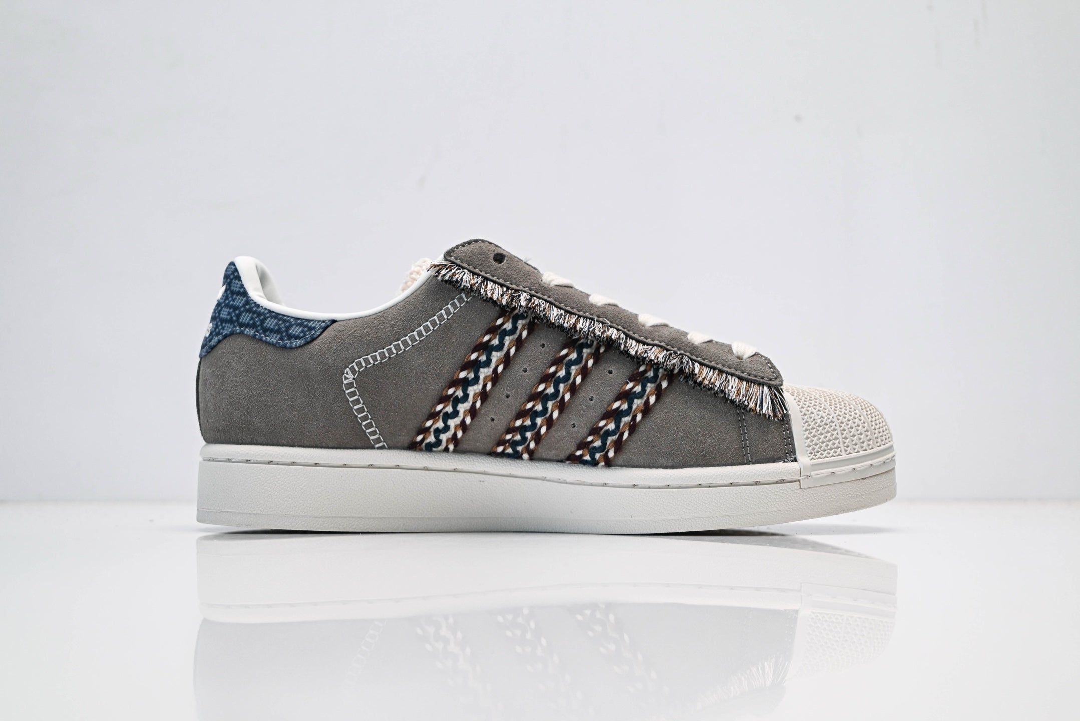 adidas Originals Superstar – Grey Suede with Multi-Color Webbing & White Shell Toe