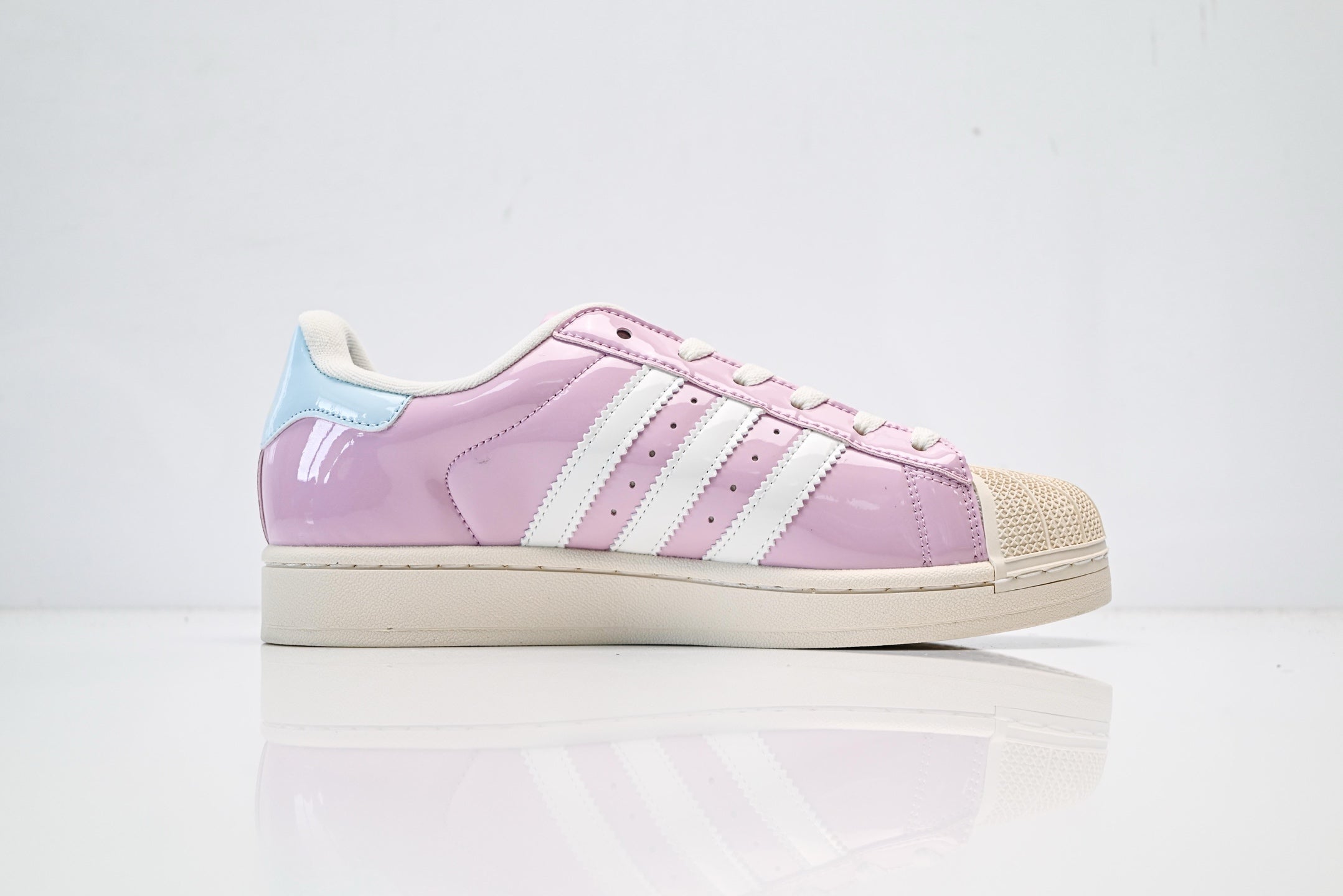adidas Originals Superstar – Lilac Pink Patent & Baby Blue Heel with Off-White 3-Stripes Shell Toe