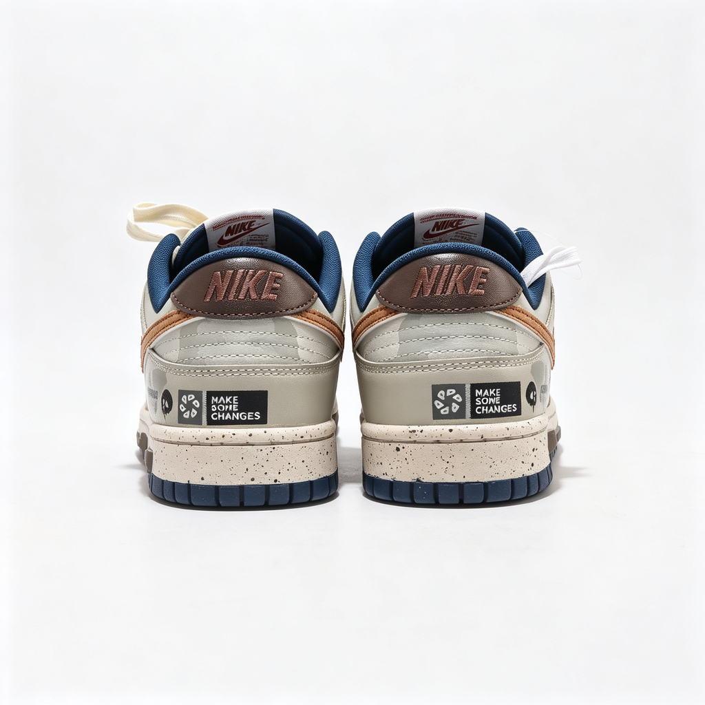 Nike Dunk Low Custom — Beige Camo / Cork Swoosh / Brown Canvas / Navy Outsole