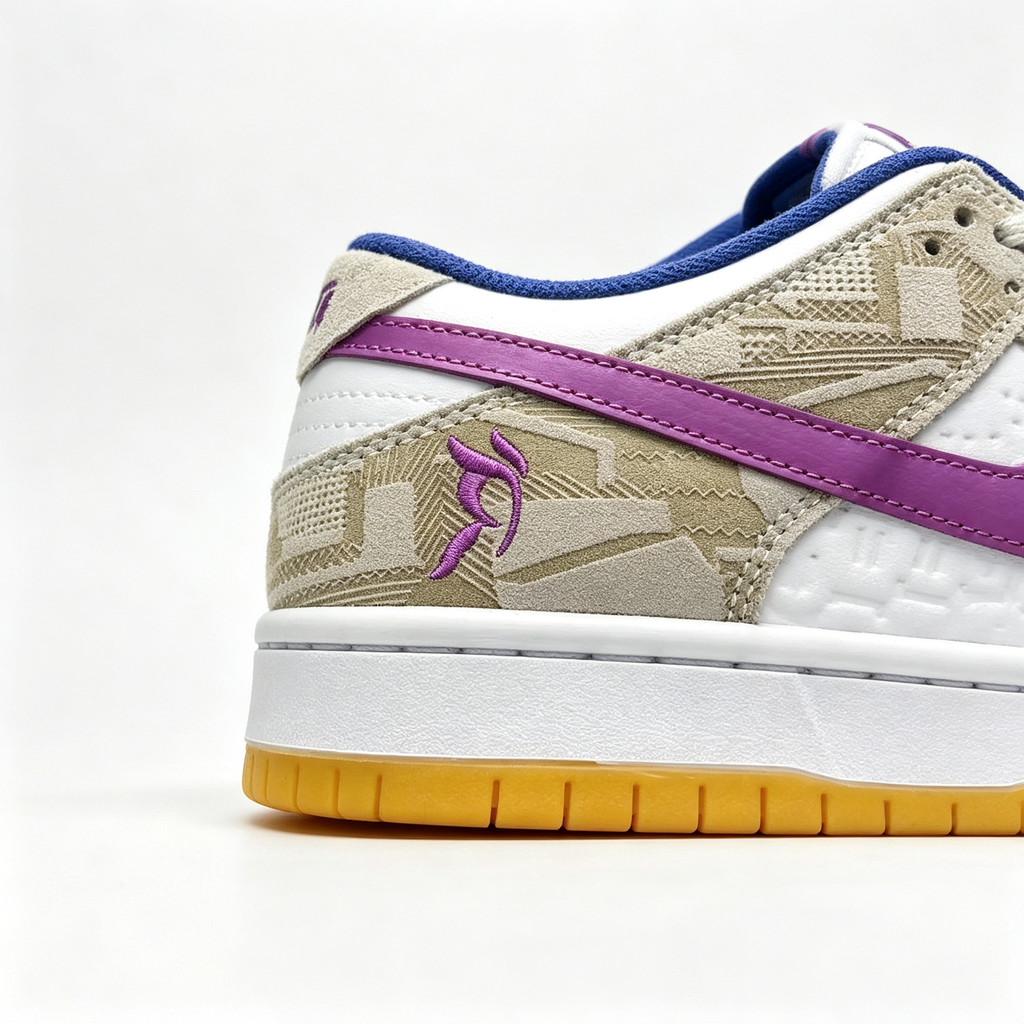 Nike Dunk Low – White/Beige Geometric Print with Purple Swoosh & Gum Sole