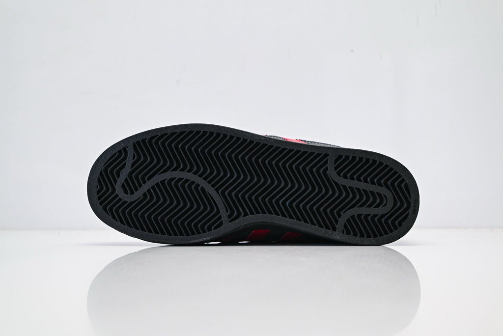 adidas Originals Superstar – Dark Gray & Black Faux Fur with Bright Red 3-Stripes Shell Toe