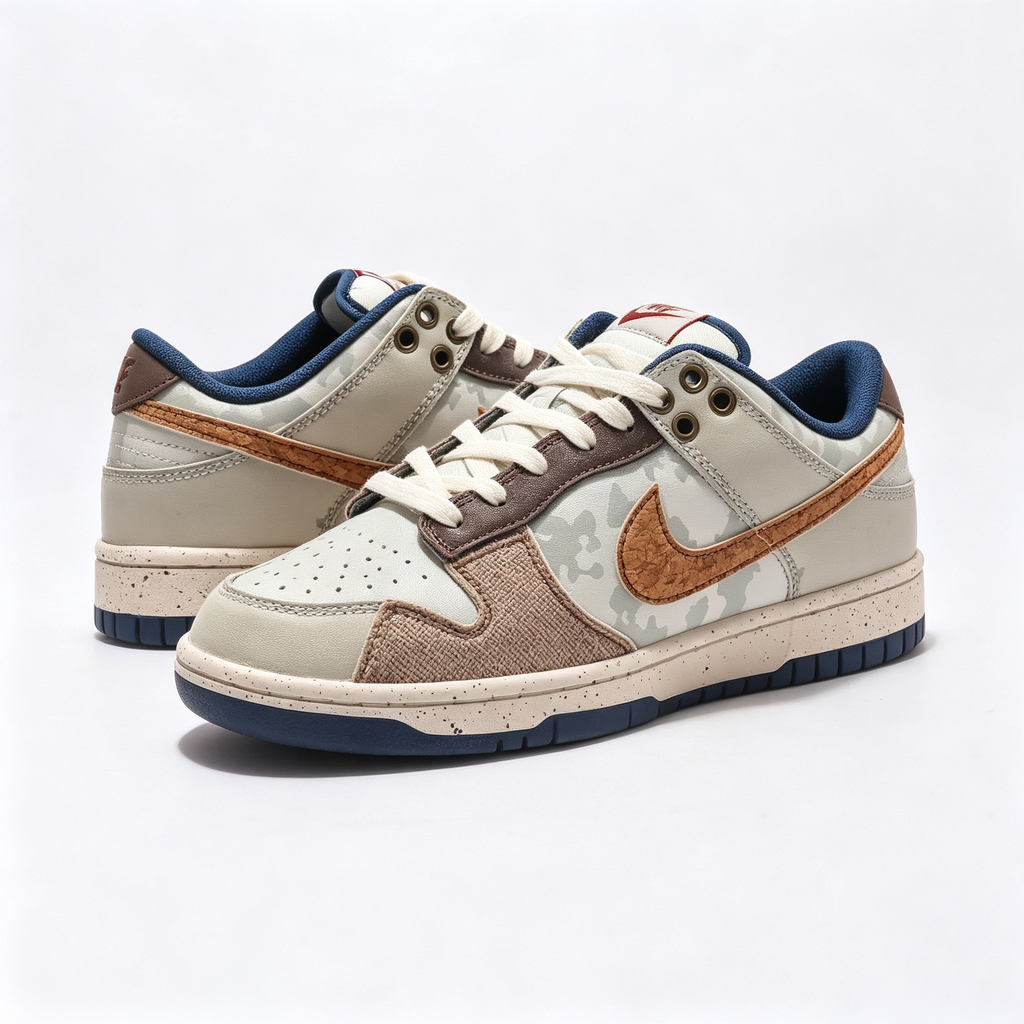 Nike Dunk Low Custom — Beige Camo / Cork Swoosh / Brown Canvas / Navy Outsole