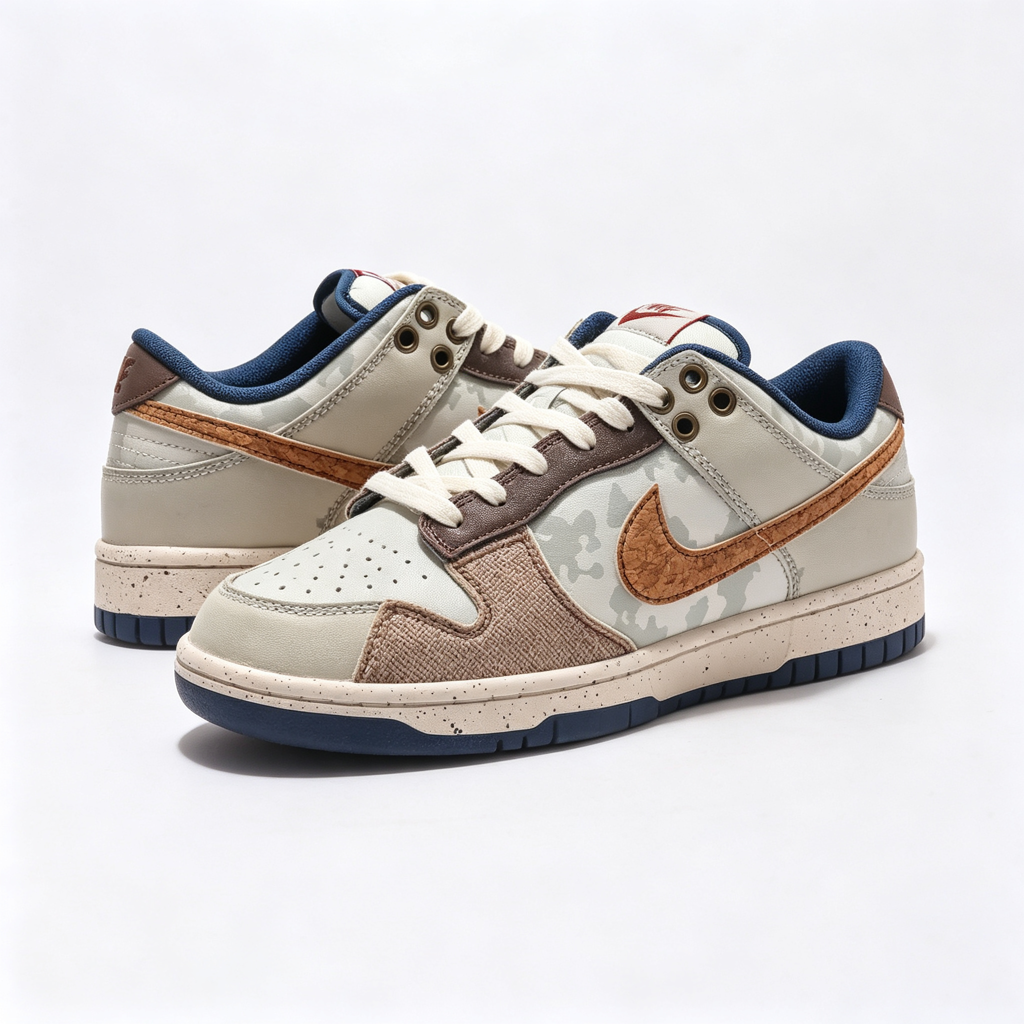 Nike Dunk Low Custom — Beige Camo / Cork Swoosh / Brown Canvas / Navy Outsole