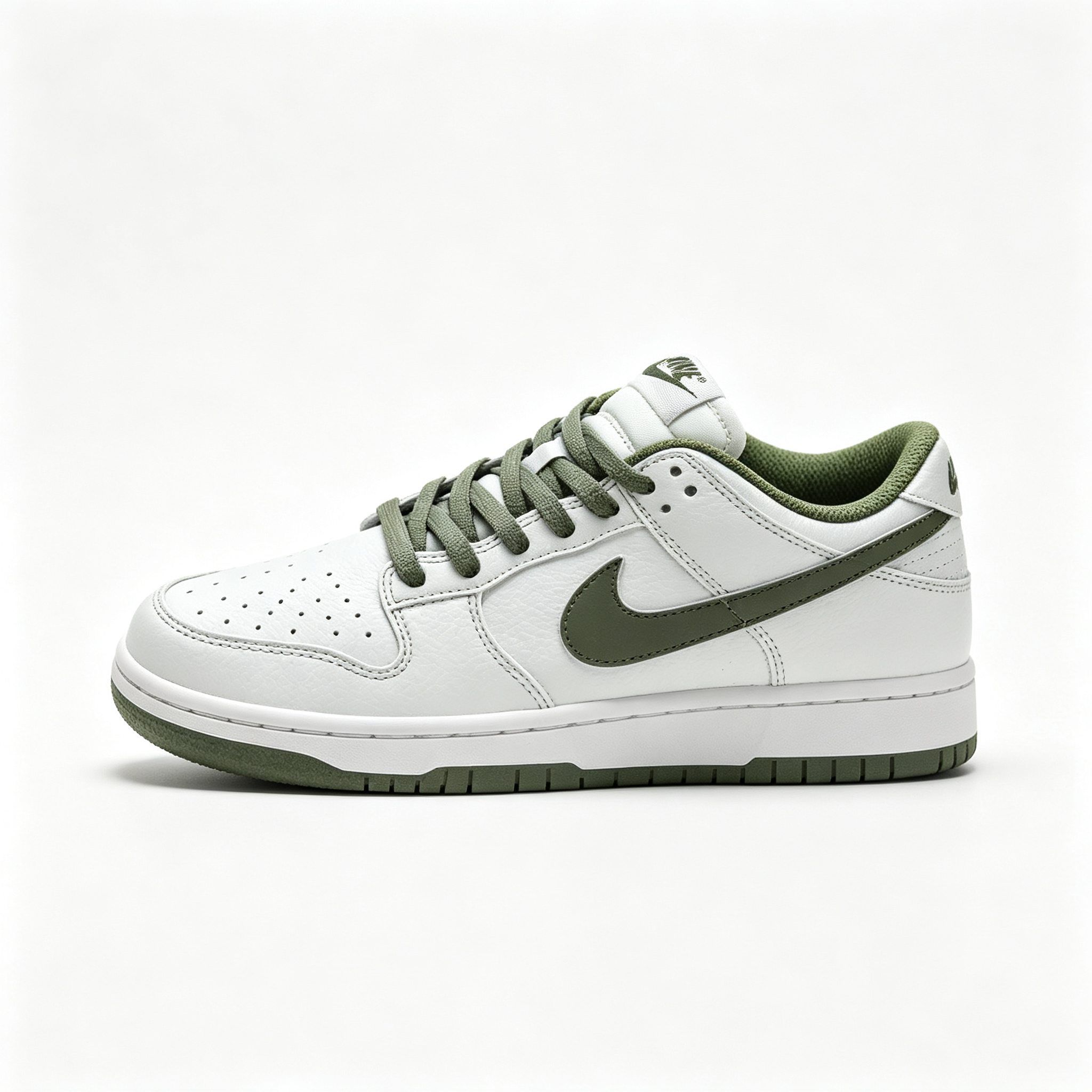 Nike Dunk Low — White / Olive Green Swoosh / Leather