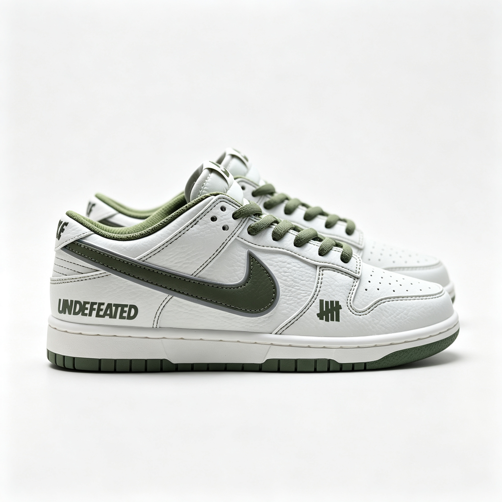 Nike Dunk Low — White / Olive Green Swoosh / Leather