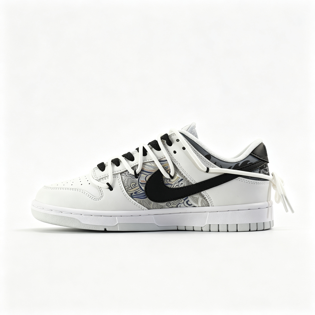 Nike Dunk Low 'Eastern' – Custom White & Black Chinese-Style Pattern Deconstructed Sneakers
