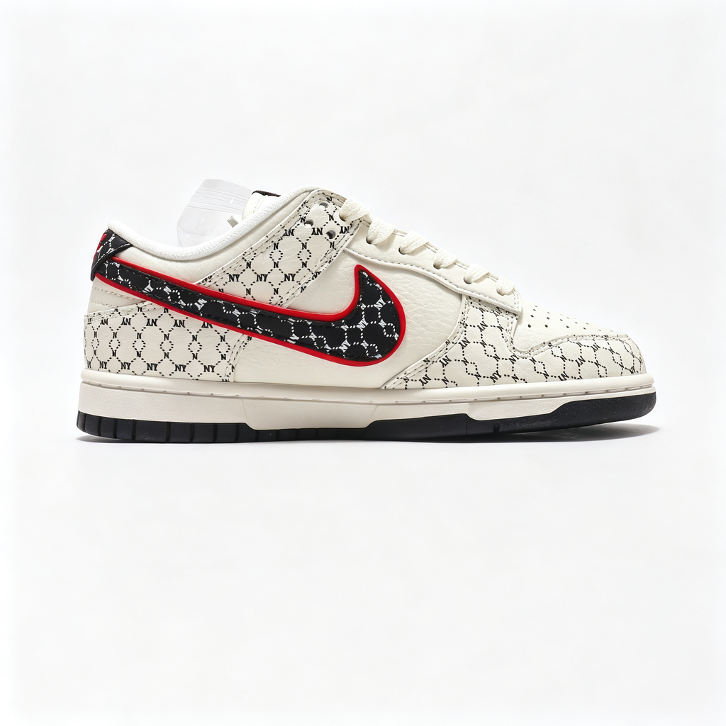 Nike Dunk Low 'Monogram' – Custom Cream Off-White & Black with Red Outline Sneakers