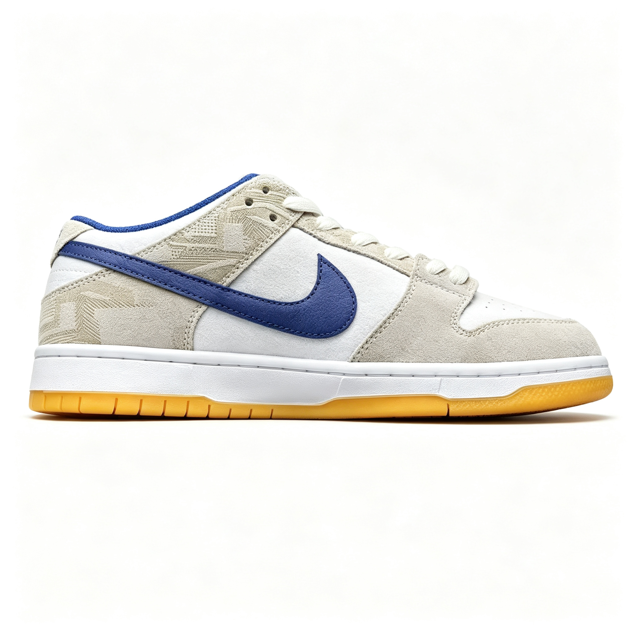 Nike Dunk Low – White/Beige Geometric Print with Purple Swoosh & Gum Sole