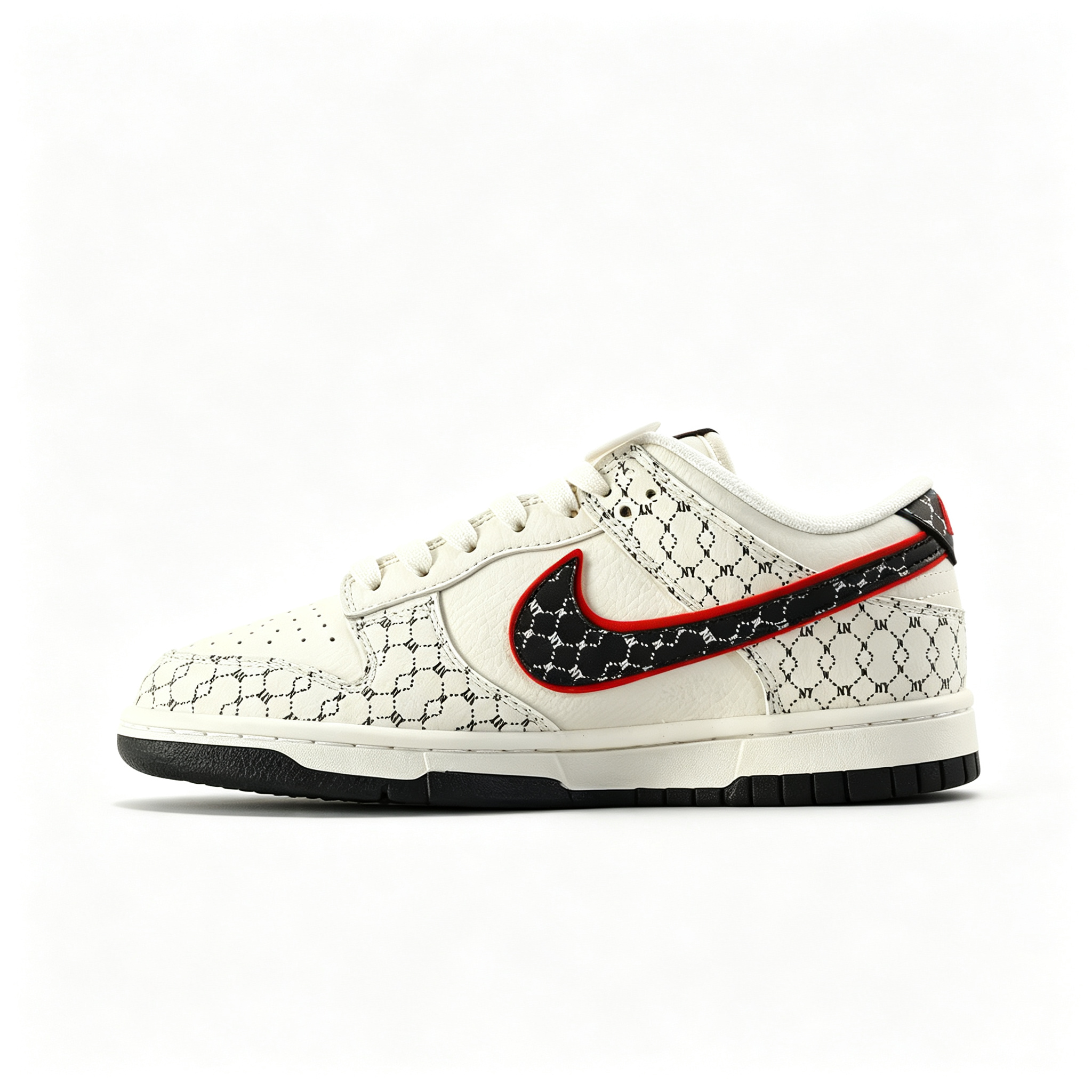 Nike Dunk Low Custom — Cream / Off-White / Black Monogram Print / Red Outline