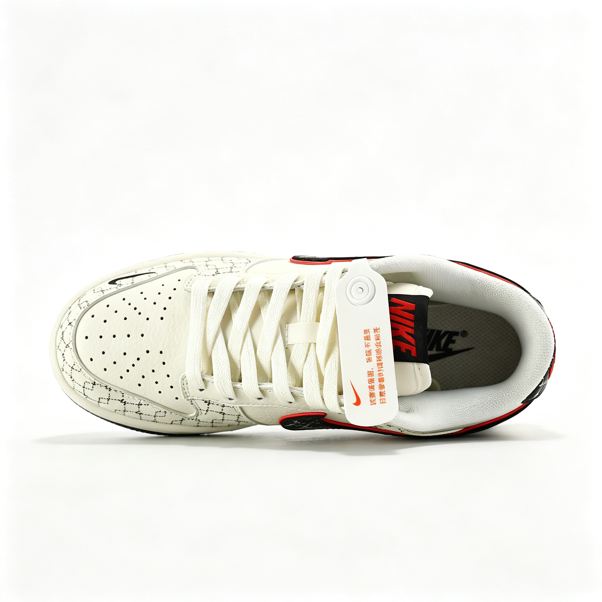 Nike Dunk Low Custom — Cream / Off-White / Black Monogram Print / Red Outline