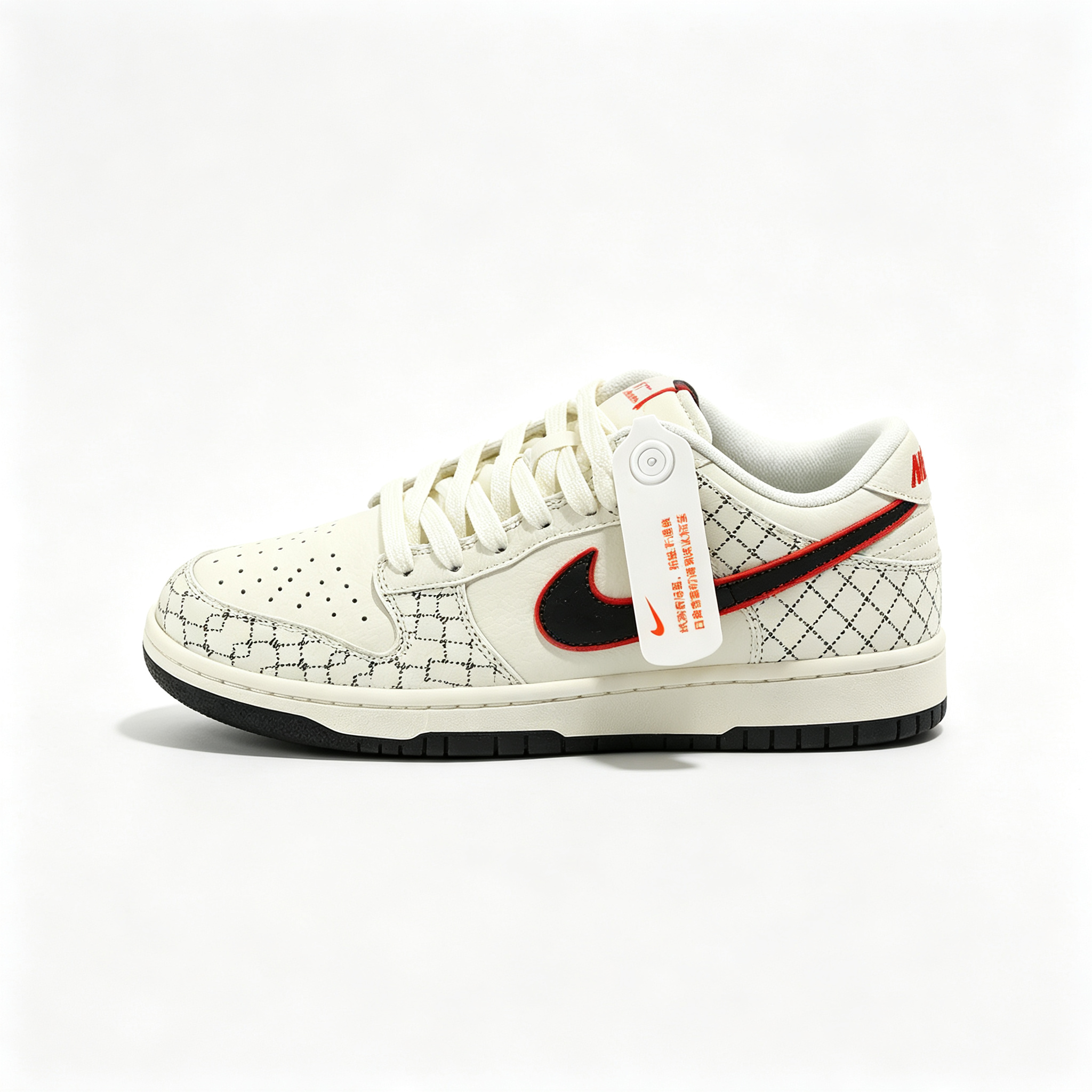 Nike Dunk Low Custom — Cream / Off-White / Black Monogram Print / Red Outline