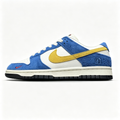 Nike Dunk Low Sneakers – White / Blue / Yellow | Suede & Embossed Heel