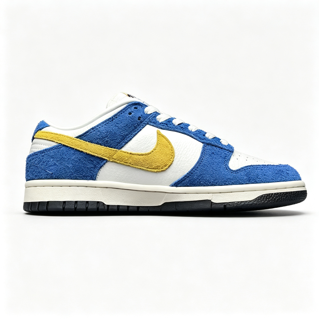 Nike Dunk Low Sneakers – White / Blue / Yellow | Suede & Embossed Heel