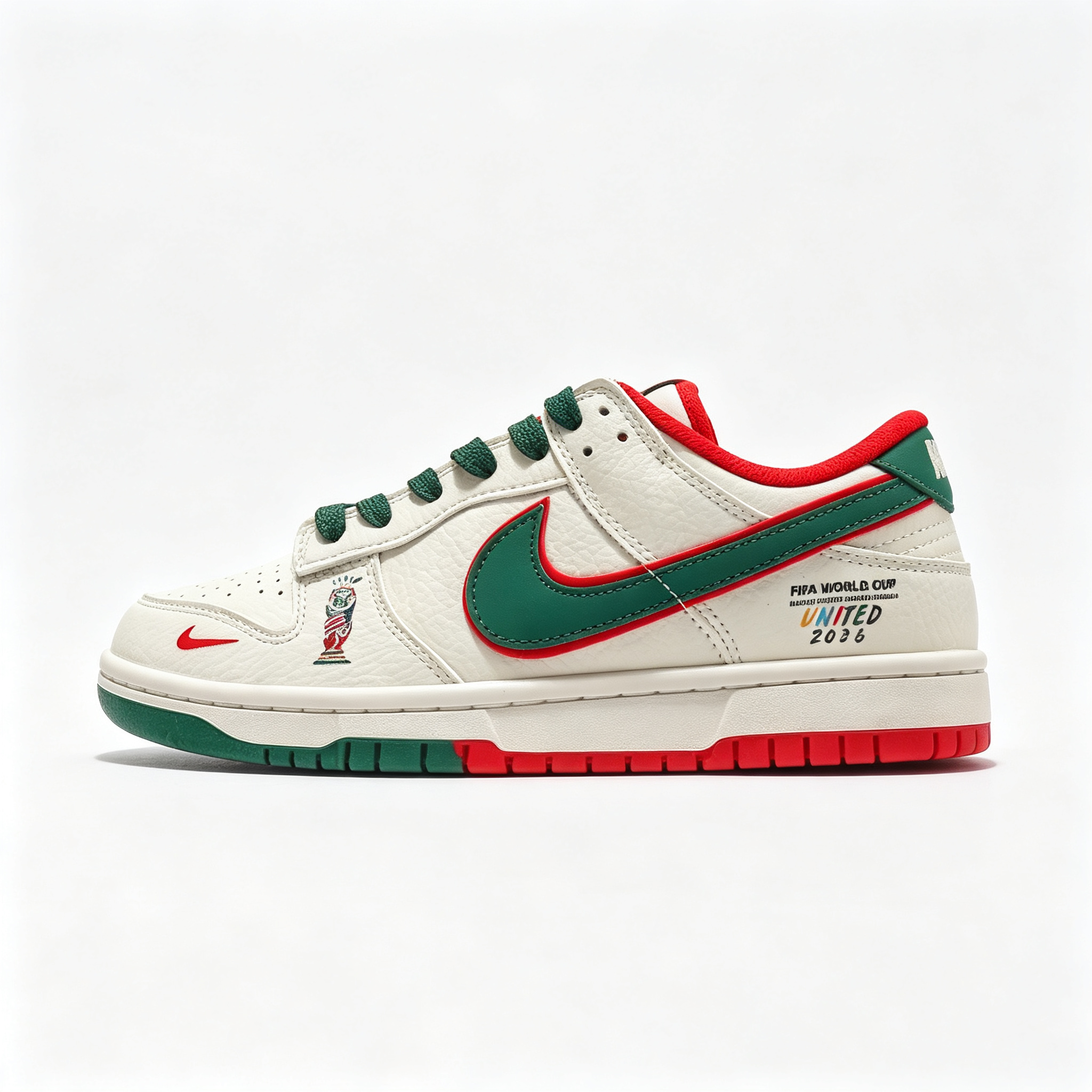Nike Dunk Low 'World Cup' – Custom Off-White, Green Swoosh & Red Trim Sneakers